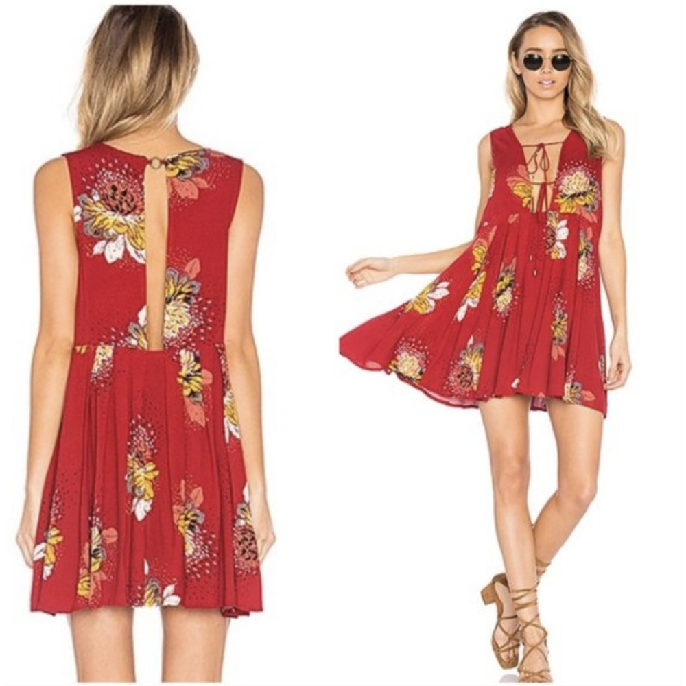 FREE PEOPLE Red Lovely Day Tunic Dress Floral Print Size S